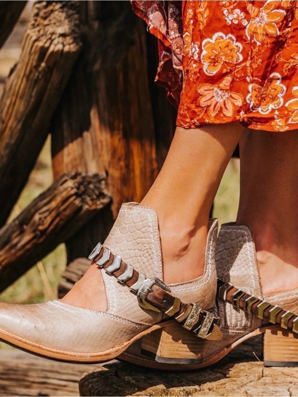 freebird Taupe Croc-Embossed Leather Mules with Metallic Accent Strap